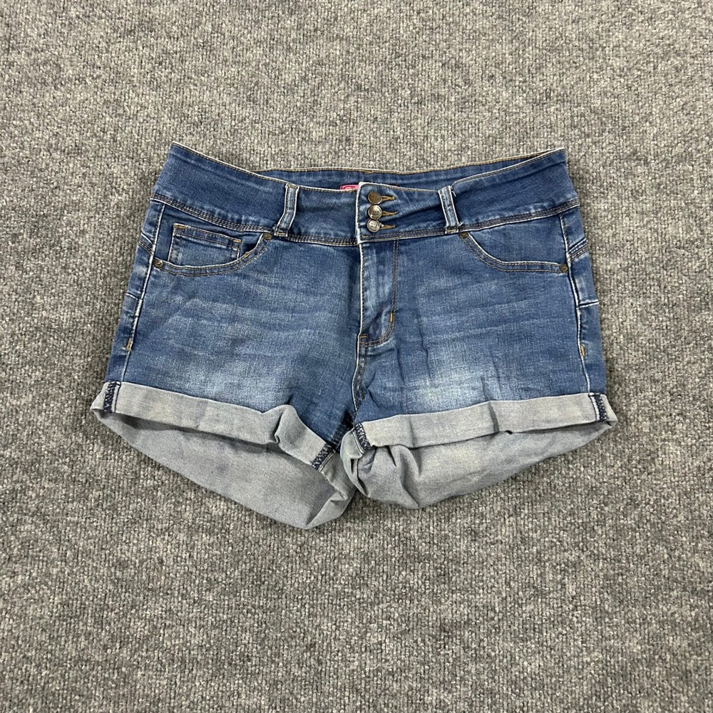 Wax Jean Shorts Womens Size 7 Medium Wash High Rise Triple Button Cuffed Denim